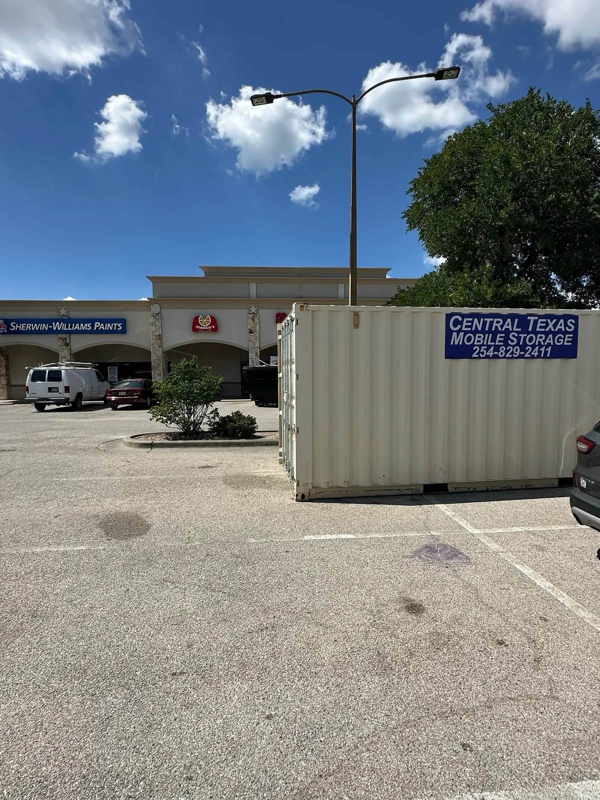 Central Texas Mobile Storage container with company sign at the Waco facility